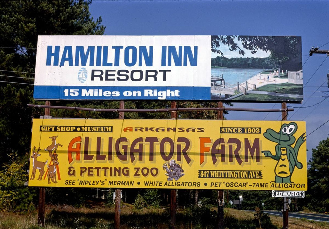 Historic Photo : 1993 Alligator farm billboard, Route 7, Bismarck, Arkansas | Margolies | Roadside America Collection | Vintage Wall Art :