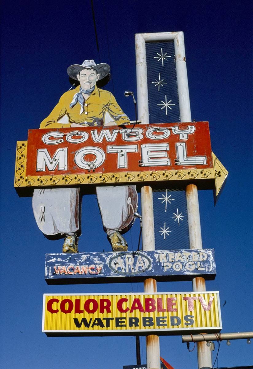 Historic Photo : 1982 Cowboy Motel sign, Amarillo, Texas | Margolies | Roadside America Collection | Vintage Wall Art :