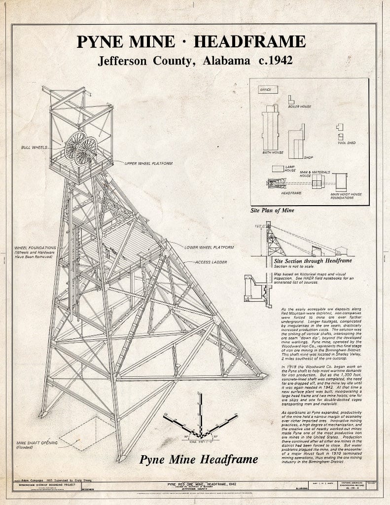 Blueprint Pyne Mine, Headfraom, c. 1942 - Pyne Red Ore Mine, Headframe, State Route 150, Bessemer, Jefferson County, AL