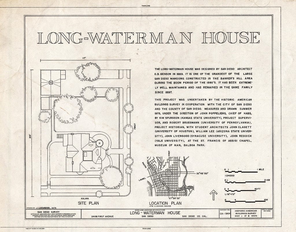 Blueprint HABS Cal,37-SANDI,20- (Sheet 1 of 8) - Long-Waterman House, 2408 First Avenue, San Diego, San Diego County, CA