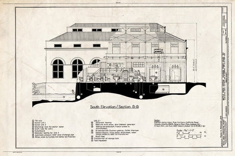 Blueprint South Elevation, Section B-B - Battle Creek Hydroelectric System, Battle Creek & Tributaries, Red Bluff, Tehama County, CA