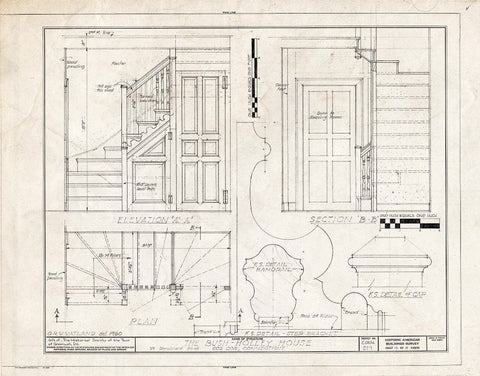 Blueprint Staircase (Elevation, Plan, Section, and Details) - Bush-Holley House, 39 Strickland Road, Cos Cob, Fairfield County, CT