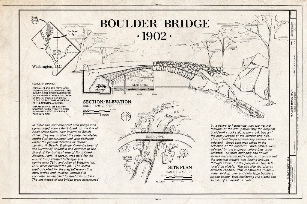 Blueprint Boulder Bridge, 1902, Title Page - Boulder Bridge, Spanning Rock Creek at Beach Drive, South of Joyce Road, Washington, District of Columbia, DC