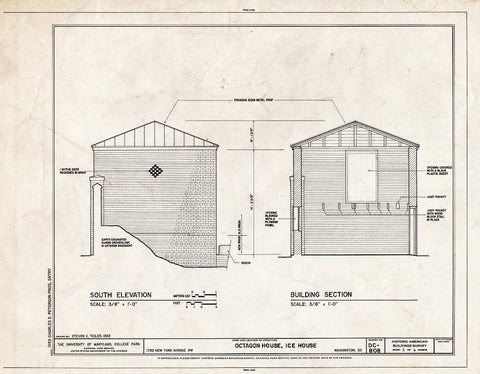Blueprint South Elevation & Section - Octagon House, Ice House, 1799 New York Avenue, Northwest, Washington, District of Columbia, DC