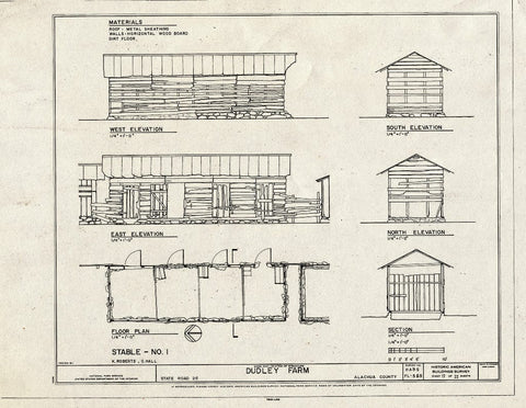 Blueprint Stable No. 1 - Elevations, Floor Plan & Section - Dudley Farm, Farmhouse & Outbuildings, 18730 West Newberry Road, Newberry, Alachua County, FL