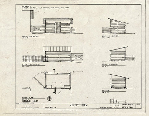 Blueprint Stable No. 2 - Elevations, Floor Plan & Section - Dudley Farm, Farmhouse & Outbuildings, 18730 West Newberry Road, Newberry, Alachua County, FL