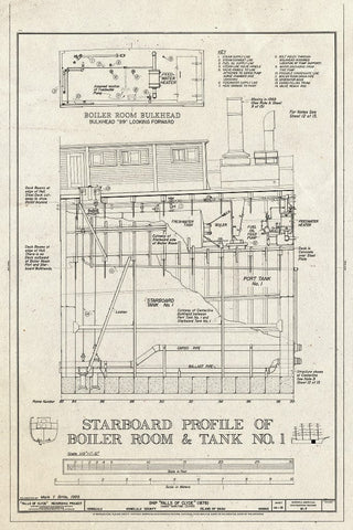 Blueprint Starboard Profile of Boiler Room and Tank No. 1 - Ship Falls of Clyde, Hawaii Maritime Center, Pier 7, Honolulu, Honolulu County, HI