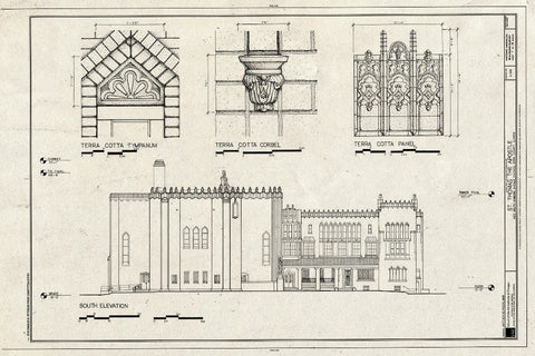 Blueprint South Elevation and Details of Terra Cotta Tympanum, Corbel, and Panel - St. Thomas The Apostle Church, 5472 South Kimbark Avenue, Chicago, Cook County, IL