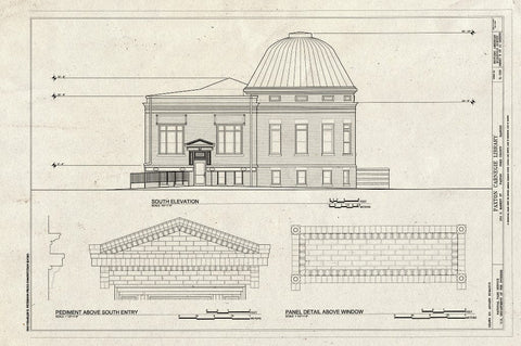 Blueprint South Elevation, Pediment Above South Entry, Panel Detail Above Window - Paxton Carnegie Library, 254 South Market Street, Paxton, Ford County, IL