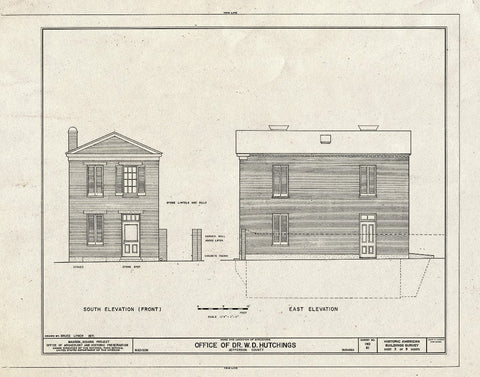 Blueprint South Elevation (Front), East Elevation - Dr. William Davies Hutchings Office, 718 West Third Street, Madison, Jefferson County, in