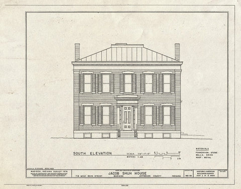Blueprint South Elevation - Jacob Shuh House, 718 West Main Street, Madison, Jefferson County, in