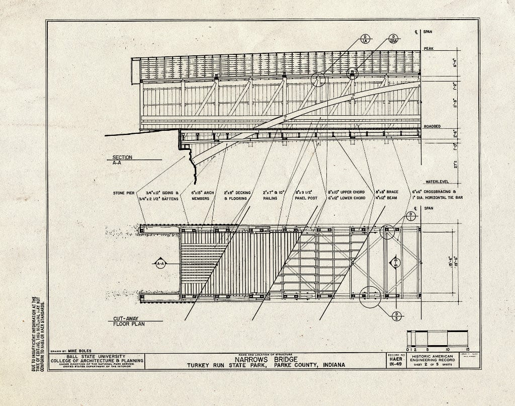 Blueprint Section A-A, Cut-Away Floor Plan - Narrows Bridge, Spanning Sugar Creek at Old County Road 280 East, Marshall, Parke County, in