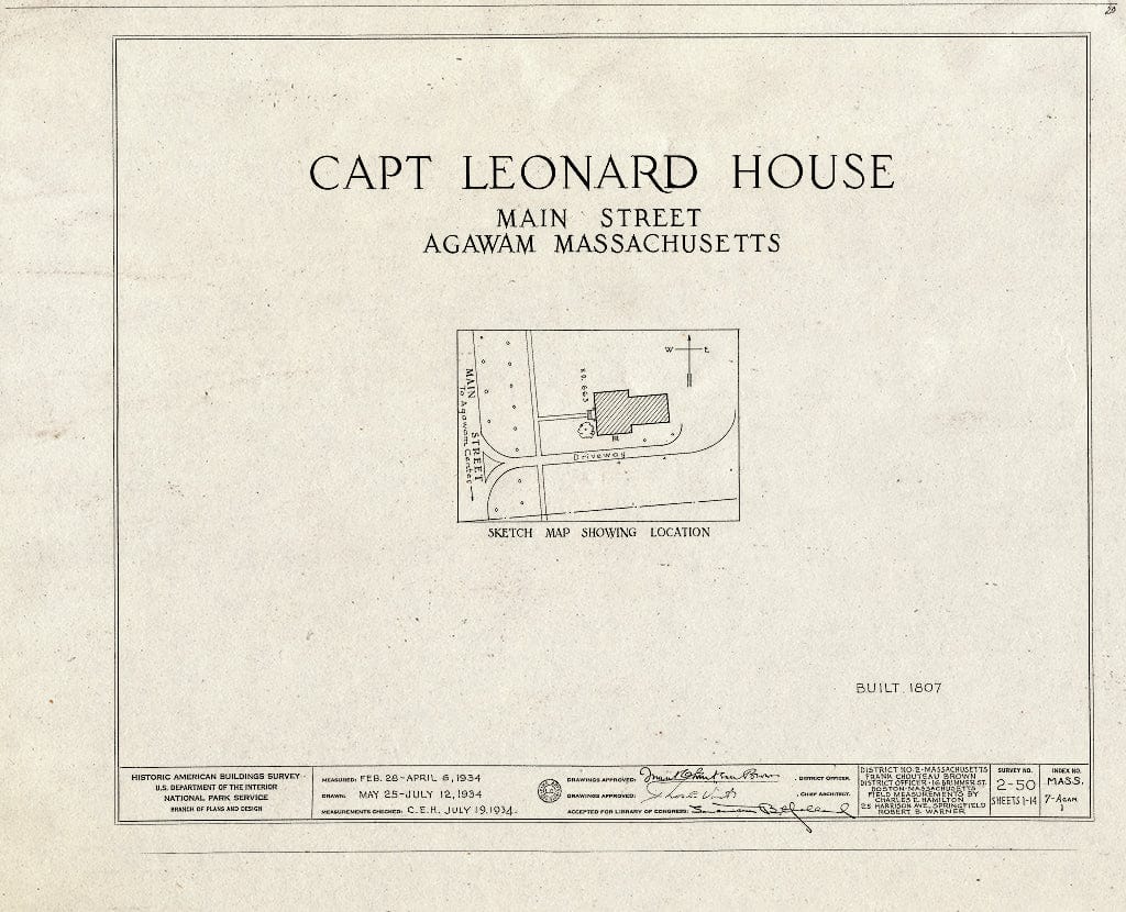 Blueprint HABS Mass,7-Agam,1- (Sheet 0 of 14) - Captain Charles Leonard House, 663 Main Street, Agawam, Hampden County, MA
