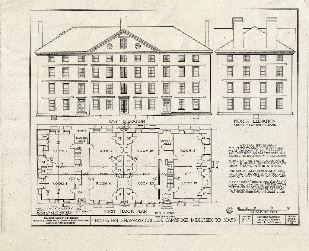 Blueprint HABS Mass,9-CAMB,3D- (Sheet 1 of 10) - Harvard College, Hollis Hall, Harvard Yard, Cambridge, Middlesex County, MA