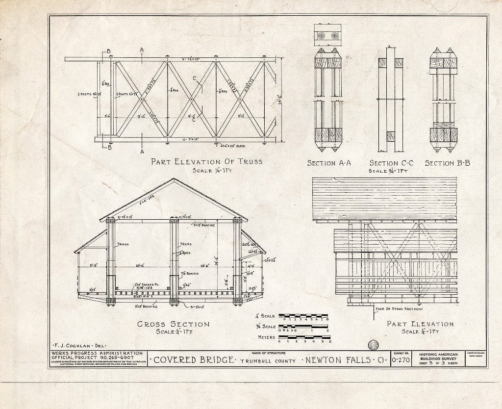 Blueprint Part Elevation of Truss, Section AA, Section CC, Section BB, Cross Section, Part Elevation - Covered Bridge, Spanning Mahoning River, Newton Falls, Trumbull County, OH