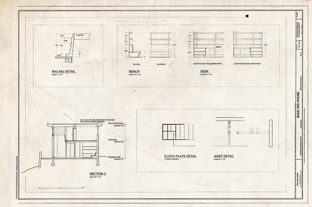 Blueprint Section, and Details of Flitch Plate, Joist, Railing, Bench & Desk - Cedric & Patricia Boulter House, 1 Rawson Woods Circle, Cincinnati, Hamilton County, OH