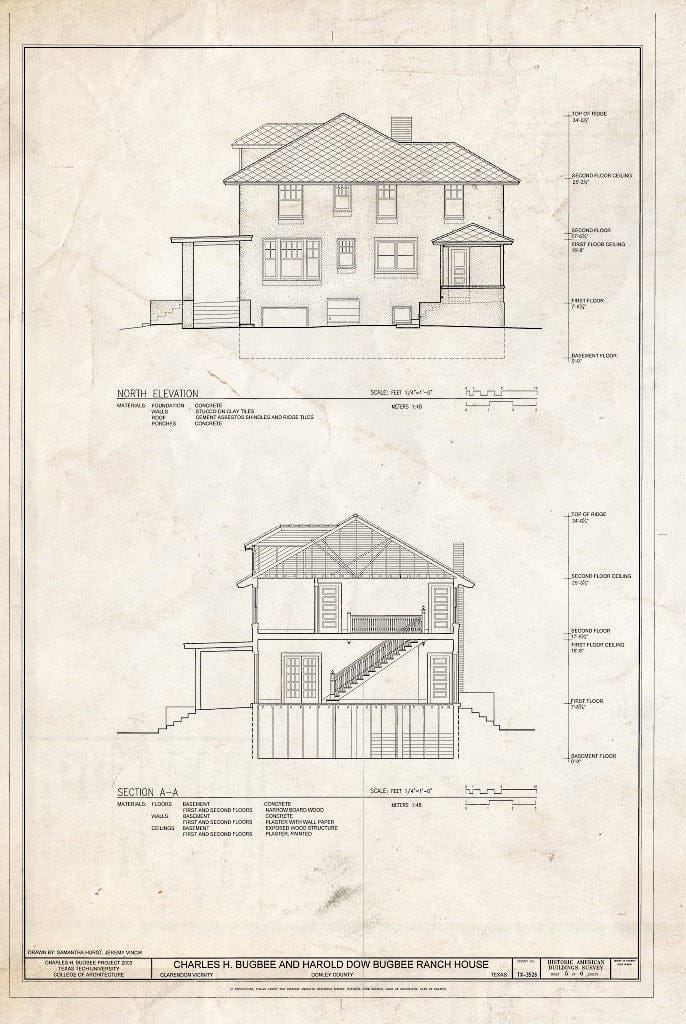 Blueprint North Elevation & Section - Charles H. Bugbee & Harold Dow Bugbee Ranch House, Clarendon, Donley County, TX