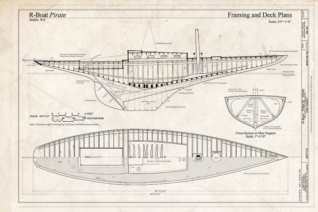 Blueprint R-Boat Pirate, Framing and Deck Plans - R-Boat Pirate, The Center for Wooden Boats, Seattle, King County, WA