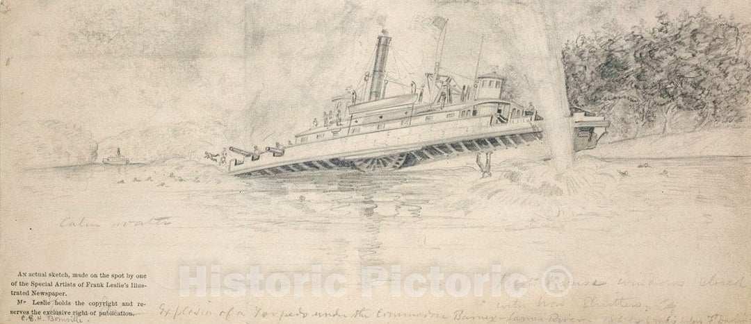 Art Print : 1861, Explosion of a Torpedo Under The U.S.S. Commodore Barney, James River, 1863, 6 Miles Below Ft. Darling - Vintage Wall Art