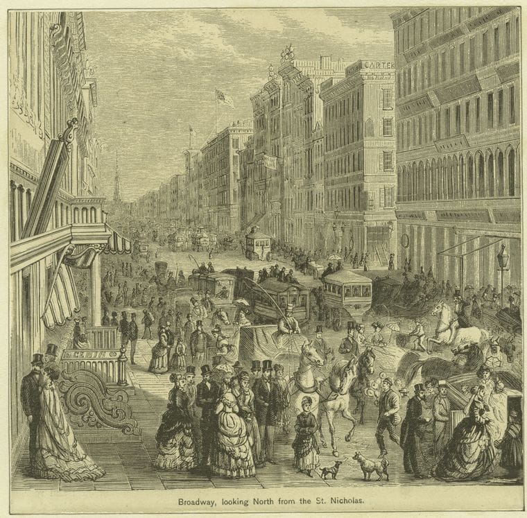 Art Print : 1828, Broadway, Looking North from The St. Nicholas - Vintage Wall Art