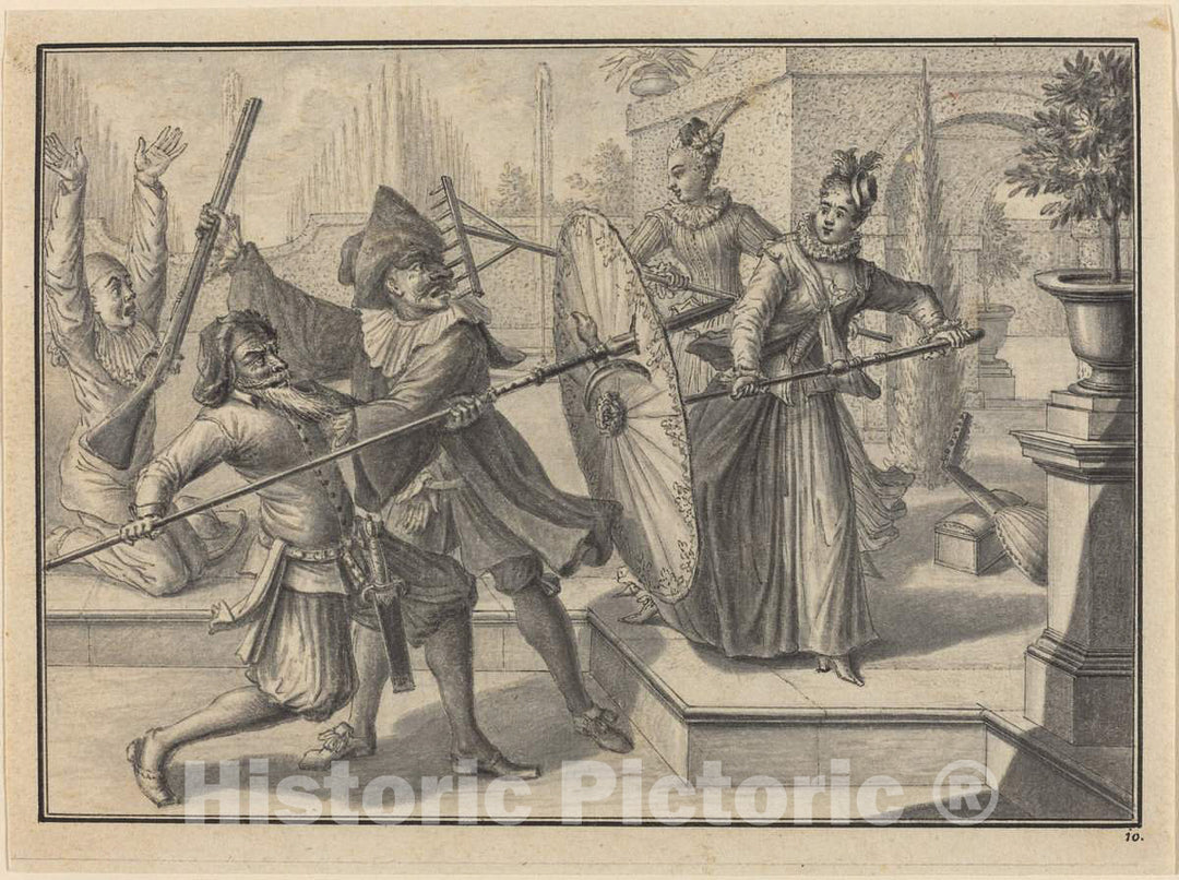 Art Print : Johann Jacob Schübler, Pantaloon and The Doctor Fighting with Columbine and Brigatella in The Garden, c. 1729 - Vintage Wall Art