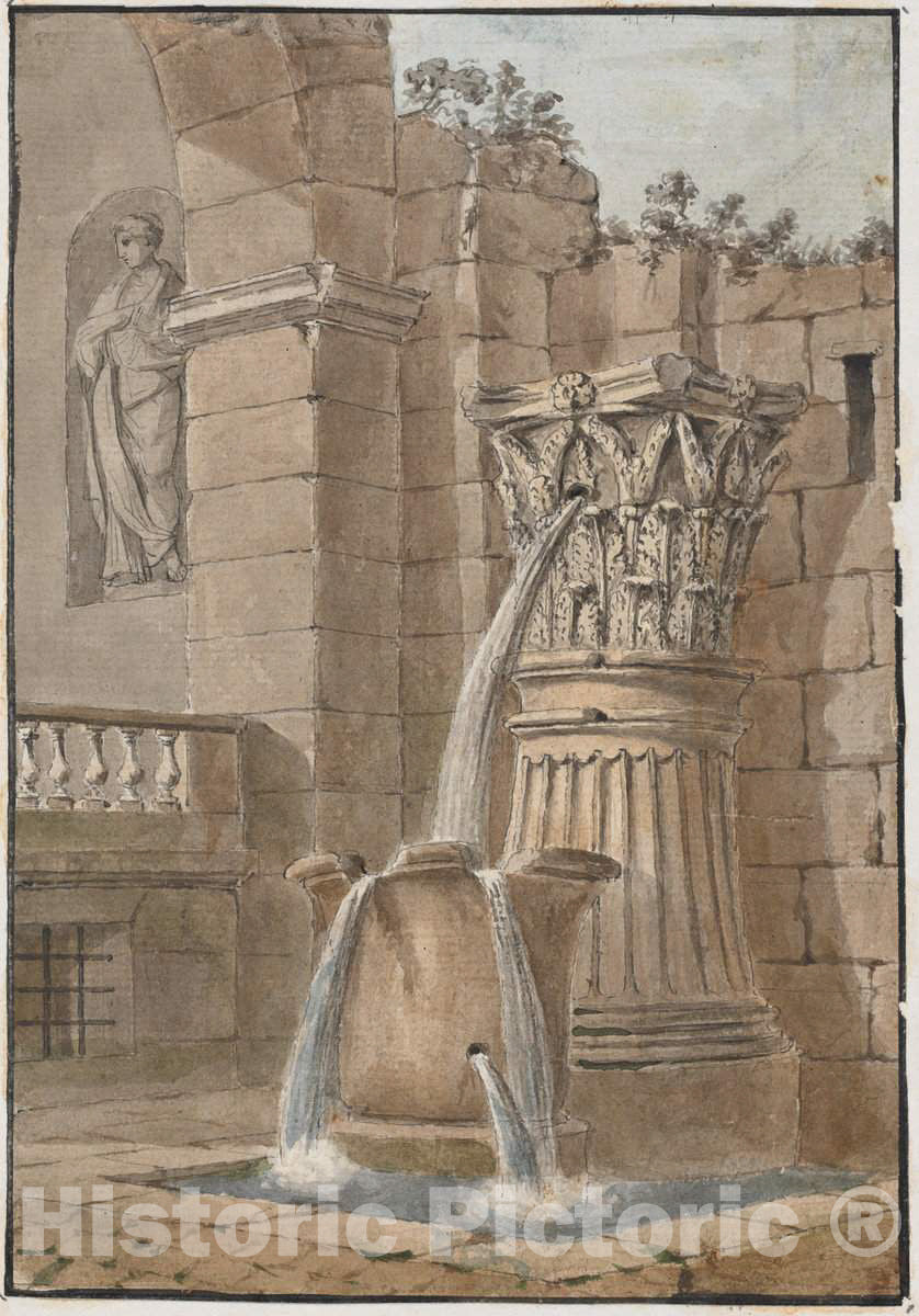 Art Print : Charles Louis Clérisseau, Fountain in a Courtyard, in or Before 1768 - Vintage Wall Art