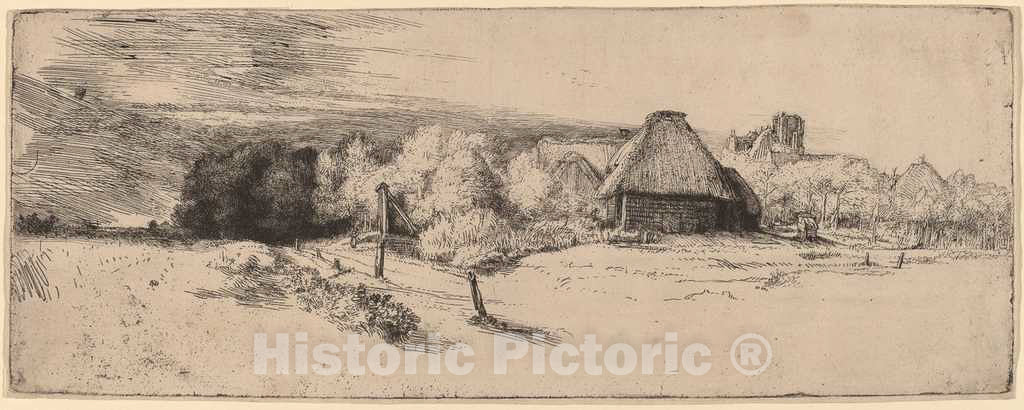 Art Print : Rembrandt, Landscape with Trees, Farm Buildings and a Tower, c. 1651 - Vintage Wall Art