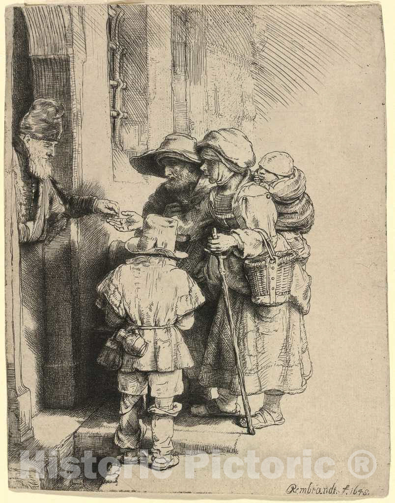 Art Print : Rembrandt, Beggars Receiving Alms at The Door of a House, 1648 - Vintage Wall Art