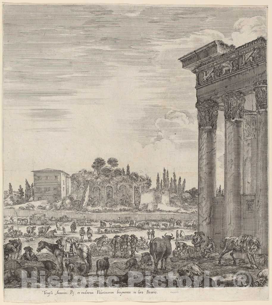 Art Print : Stefano Della Bella, Temple of Antonius and The Campo Vaccino, 1656 - Vintage Wall Art
