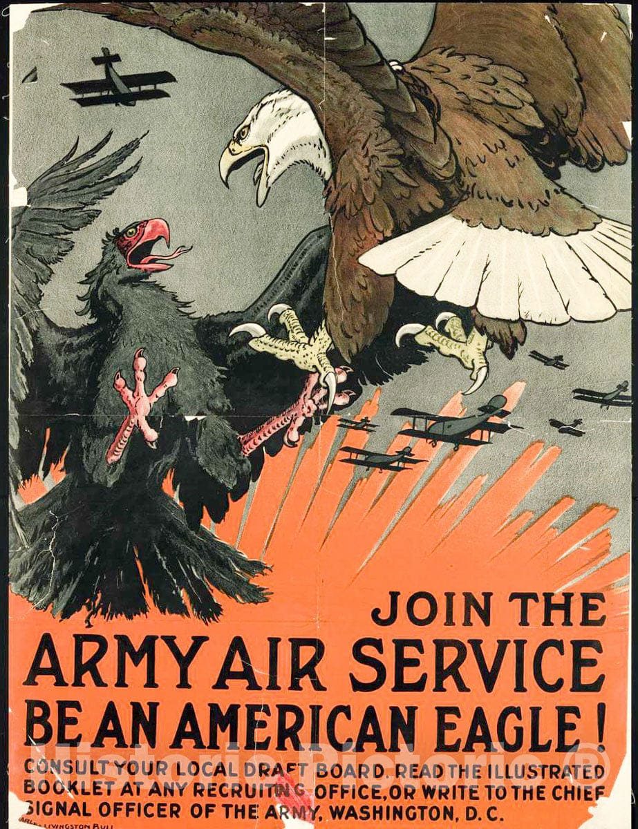 Vintage Poster - Join The Army Air Service, be an American Eagle - Charles Livingston Bull ; Alpha Litho. Co, Inc, N.Y., Historic Wall Art