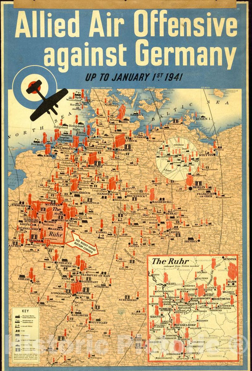 Vintage Poster - Allied air Offensive Against Germany up to January 1st, 1941, Historic Wall Art