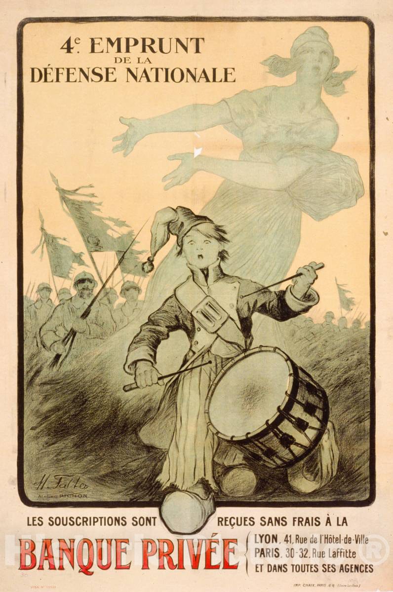 Vintage Poster - 4e Emprunt de la Défense Nationale. Les souscriptions sont reçues sans frais á la Banque Privée, Historic Wall Art