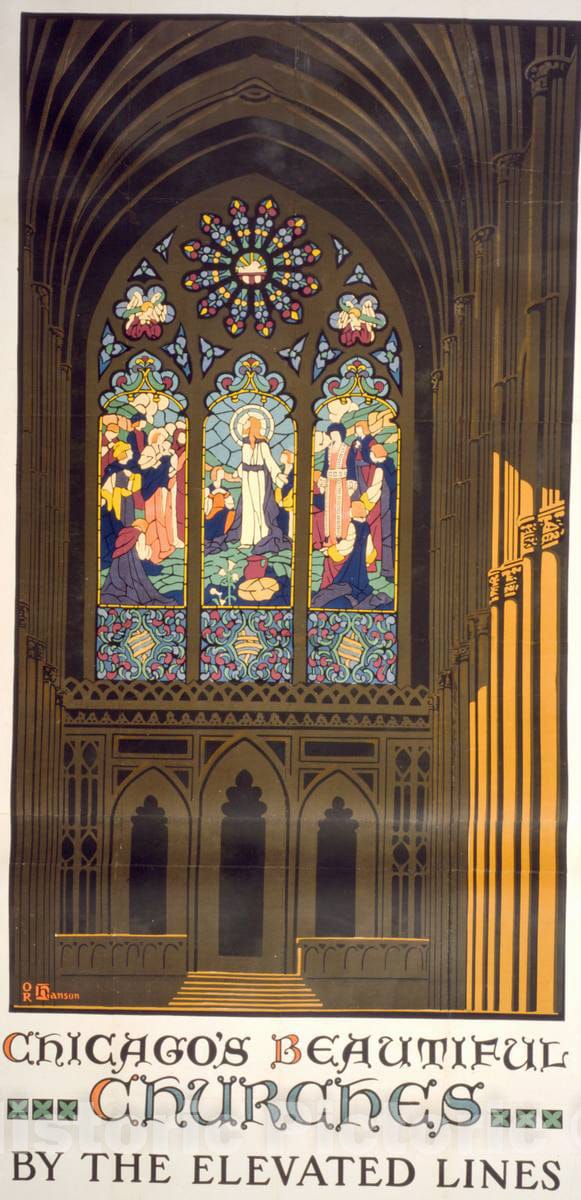 Vintage Poster - Chicago's Beautiful Churches by The Elevated Lines - O.R. Hanson., Historic Wall Art