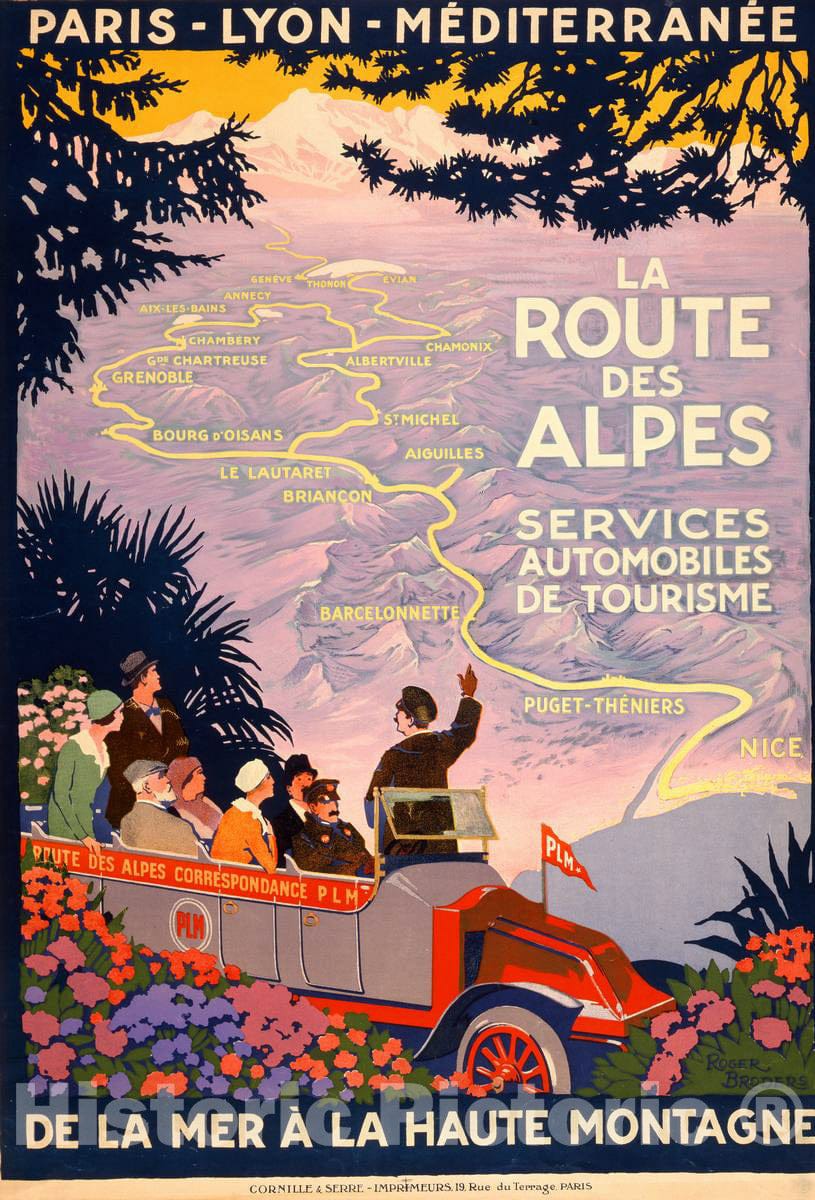 Vintage Poster - La Route des Alpes Services Automobiles de tourisme de la mer à la Haute montagne - Roger Broders., Historic Wall Art