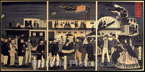Art Print : American Steam Train Travel, Utagawa Yoshikazu, c 1868, Vintage Wall Decor :