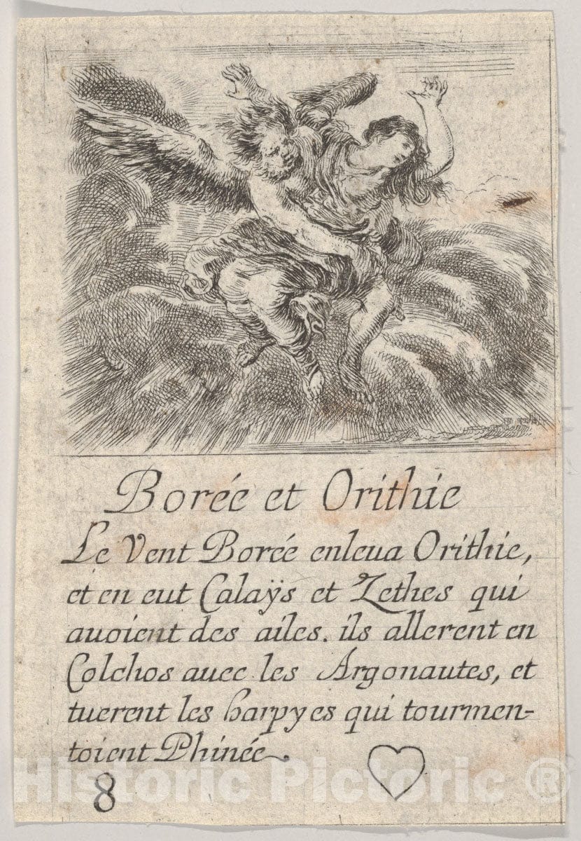 Art Print : Stefano Della Bella - Boreas and Orithyia, from 'Game of Mythology' (Jeu de la Mythologie) 1 : Vintage Wall Art