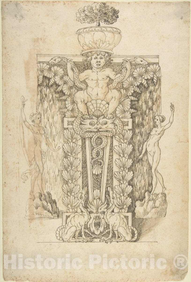 Art Print : Italian, Lombard, 16th Century - Design for a Wall Fountain - 423320 : Vintage Wall Art