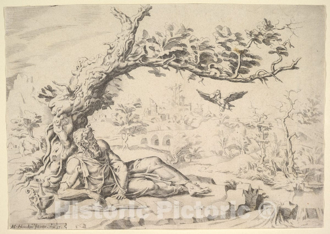 Art Print : Dirk Volckertsz Coornhert - Elijah Fed by Ravens : Vintage Wall Art