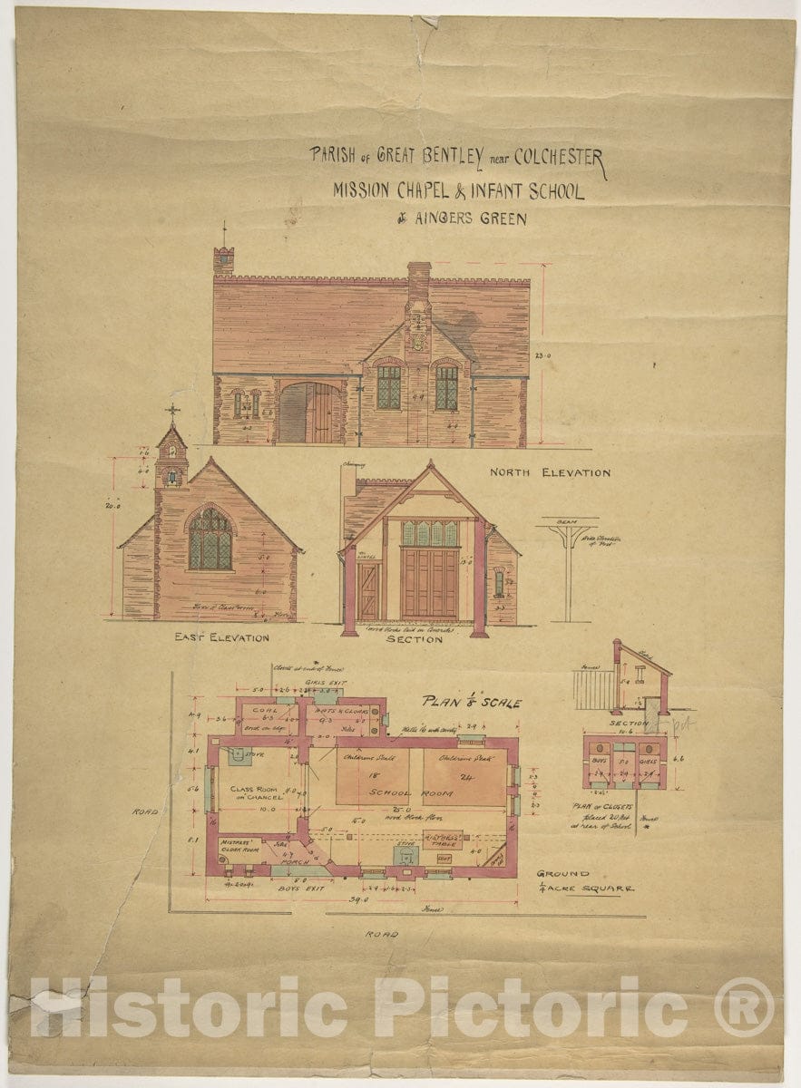 Art Print : Ernest Geldart - Elevation and Plan of Parish of Great Bentley Near Colchester, Mission Chapel and Infant School at Angers Green : Vintage Wall Art