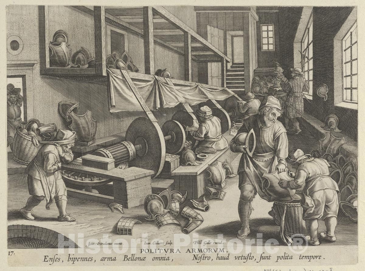 Art Print : Jan Collaert I - New Inventions of Modern Times Nova Reperta, The Invention of The Polishing of Armor, Plate 17 : Vintage Wall Art