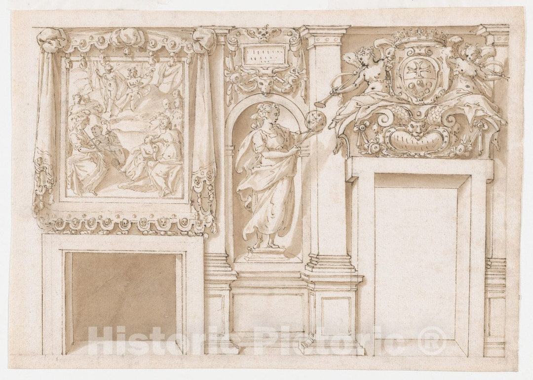 Art Print : Design for a Wall Decoration with Apollo and The Muses - Artist: Marco Marchetti (Marco da Faenza) - Created: 1561–88 : Vintage Wall Art