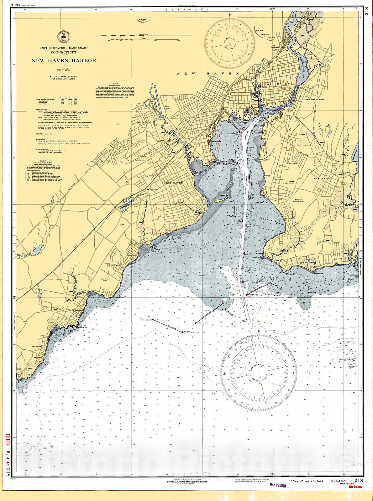 Historic Nautical Map New Haven Harbor, 1940 NOAA Chart Vintage Wa