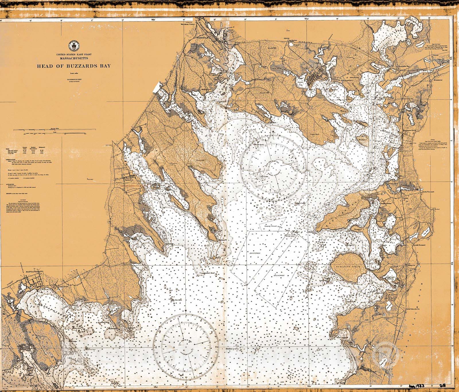 Head of Buzzard's Bay 1933 Nautical Chart Map Print Historic Pictoric
