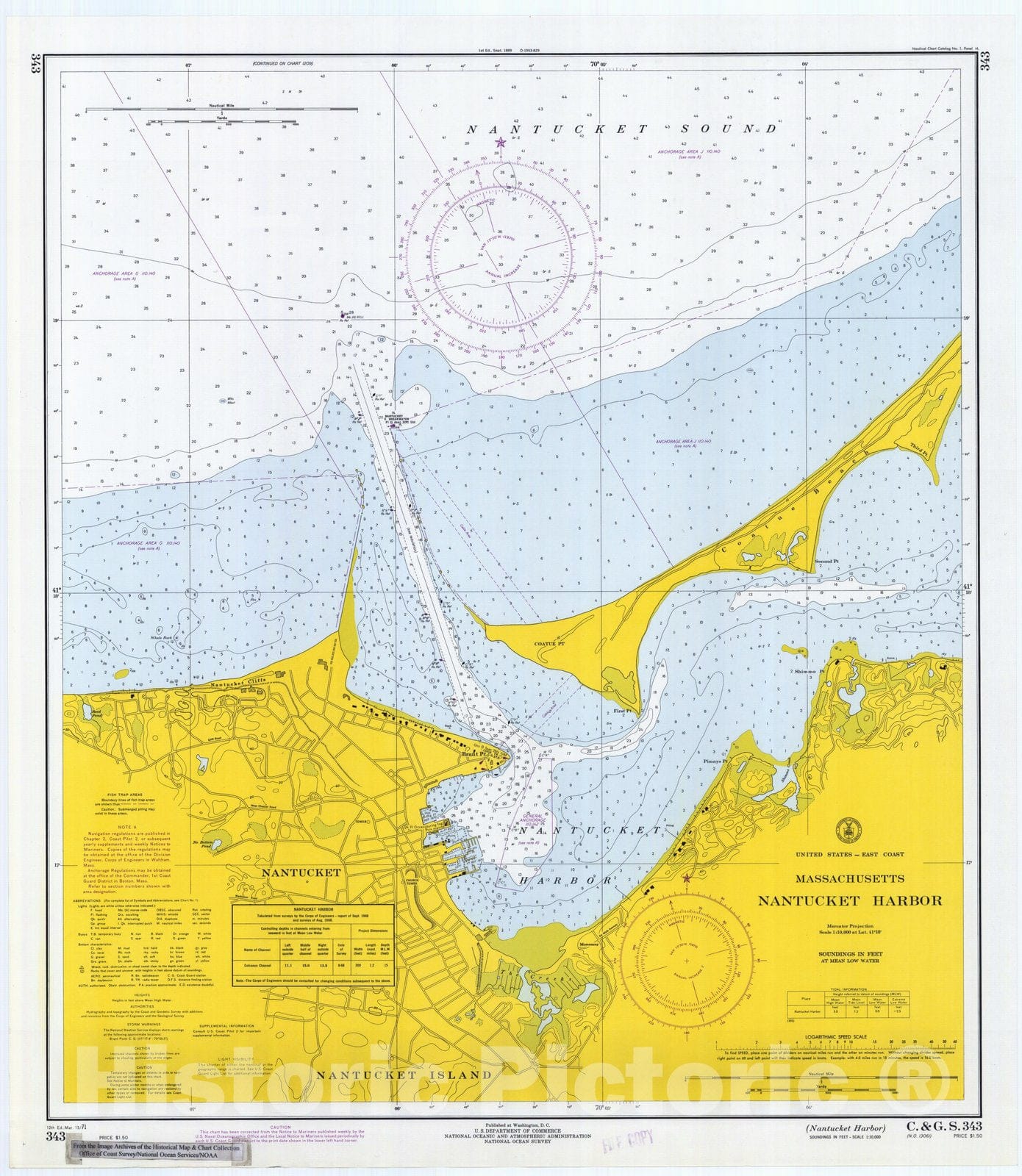 Historic Historic Nautical Map Nantucket Harbor, 1971 NOAA Chart A