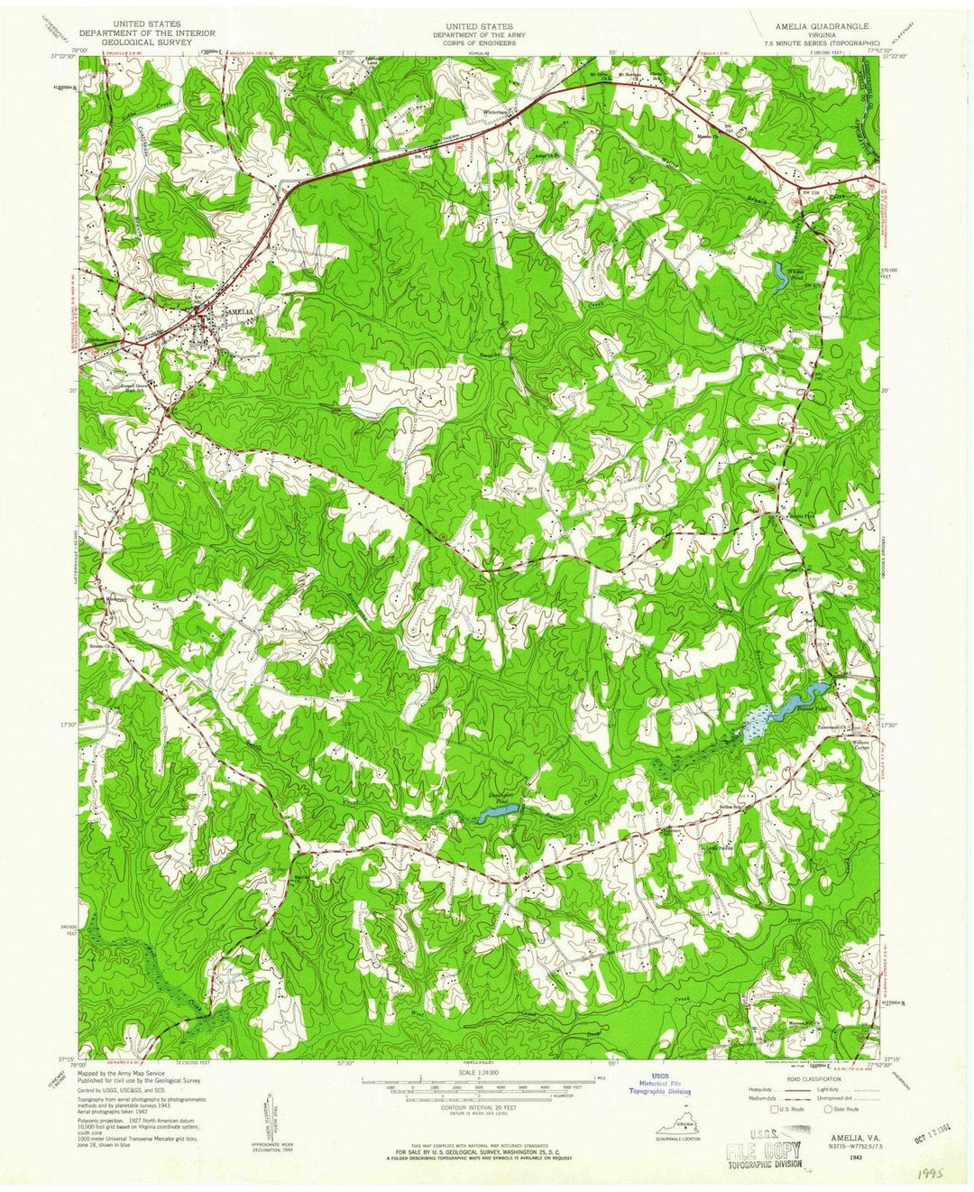 1943 Amelia, VA - Virginia - USGS Topographic Map