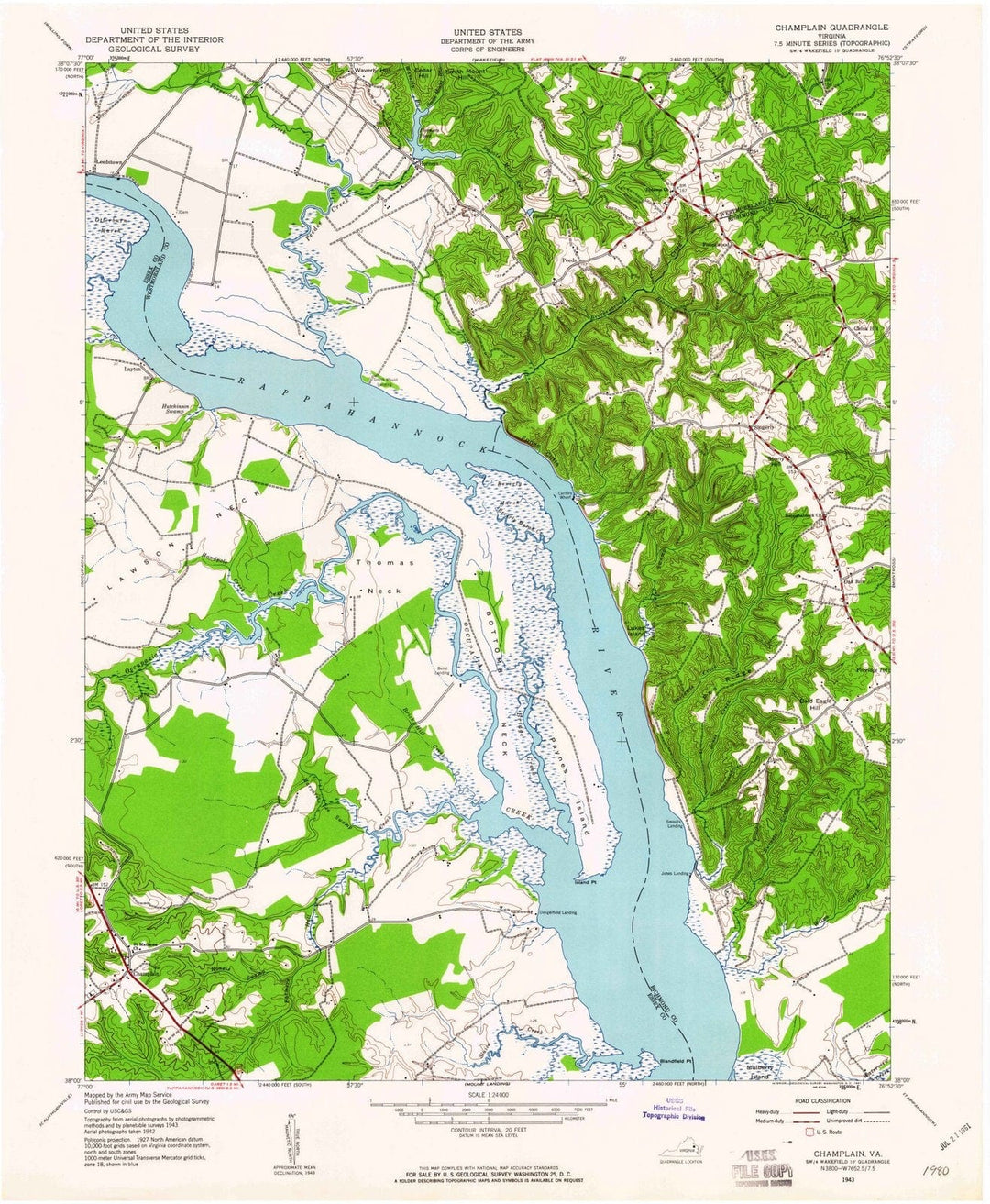 1943 Champlain, VA - Virginia - USGS Topographic Map