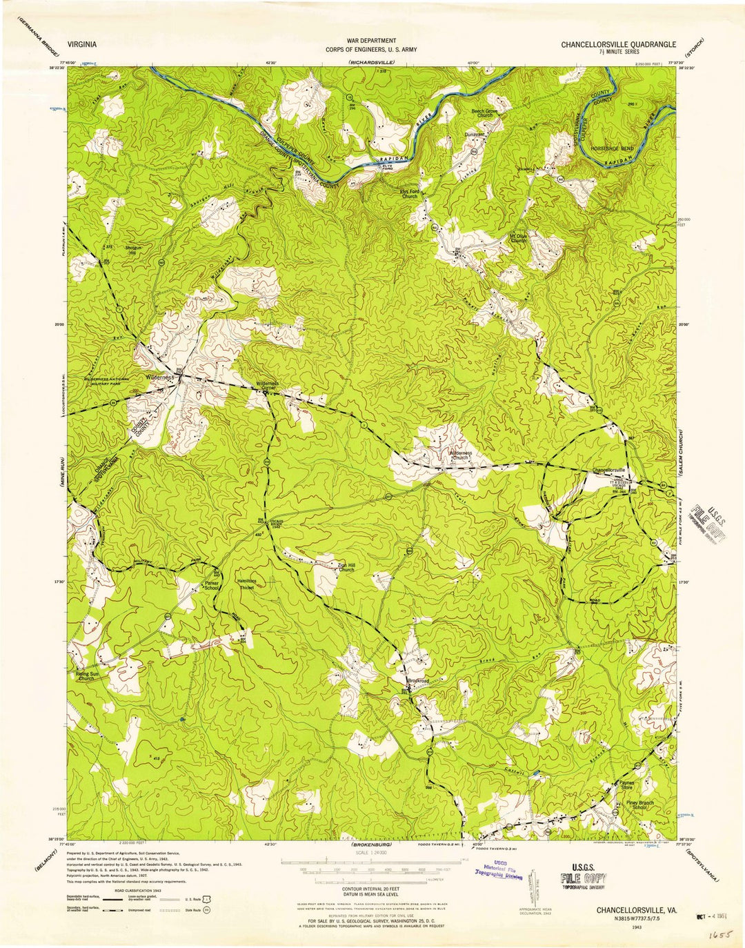1943 Chancellorsville, VA - Virginia - USGS Topographic Map