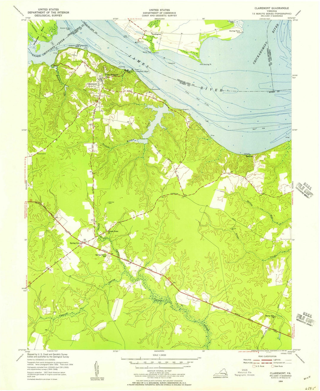 1954 Claremont, VA - Virginia - USGS Topographic Map