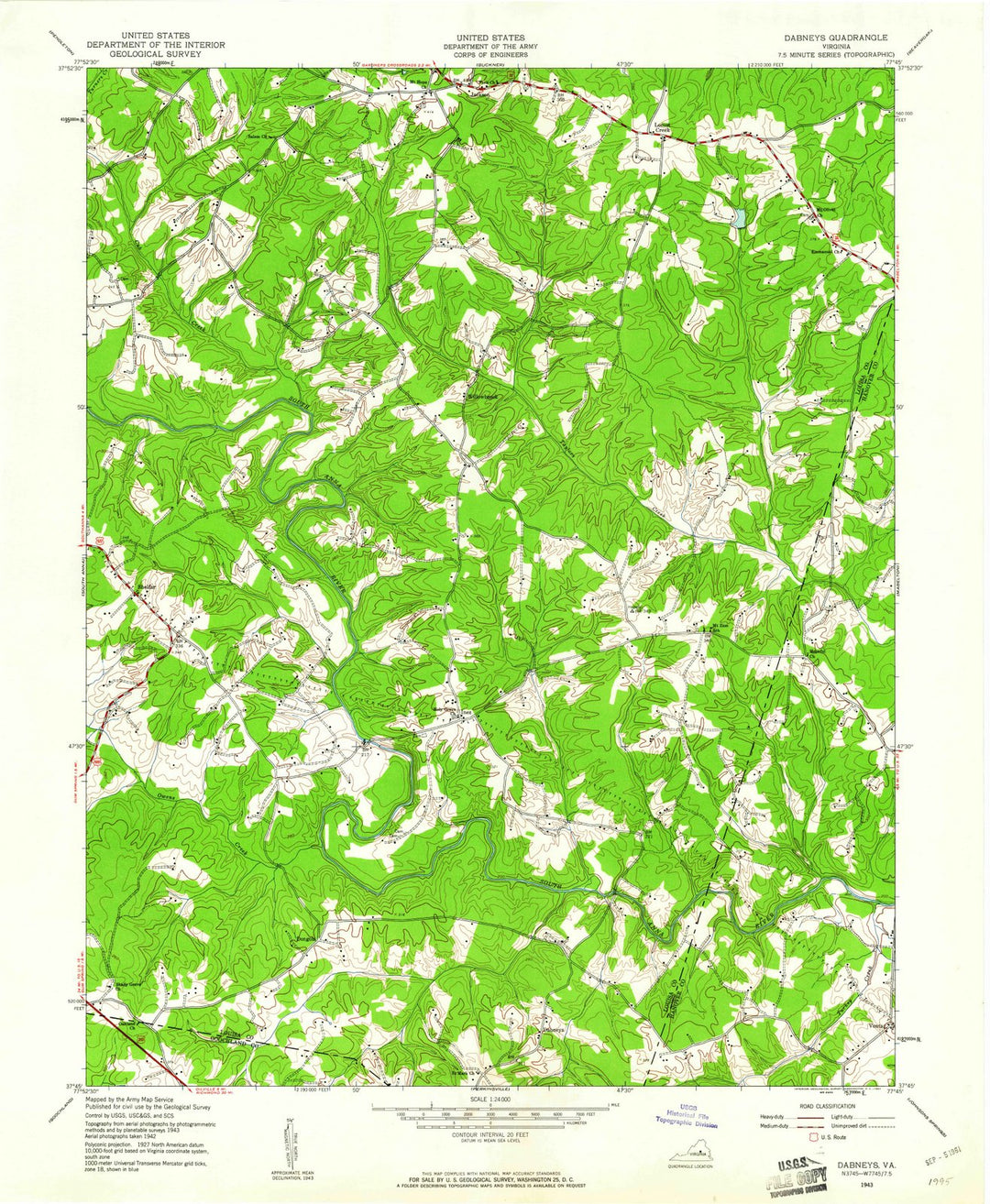 1943 Dabneys, VA - Virginia - USGS Topographic Map