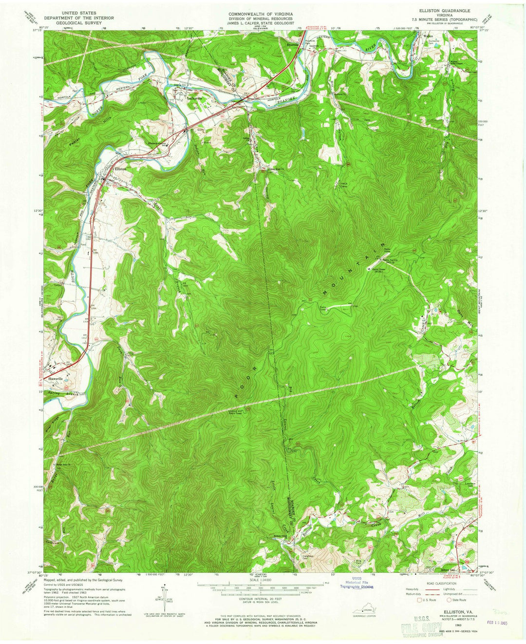1963 Elliston, VA - Virginia - USGS Topographic Map